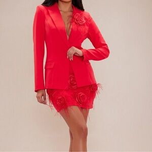 Elegant Red Women's Blazer with Floral Accents